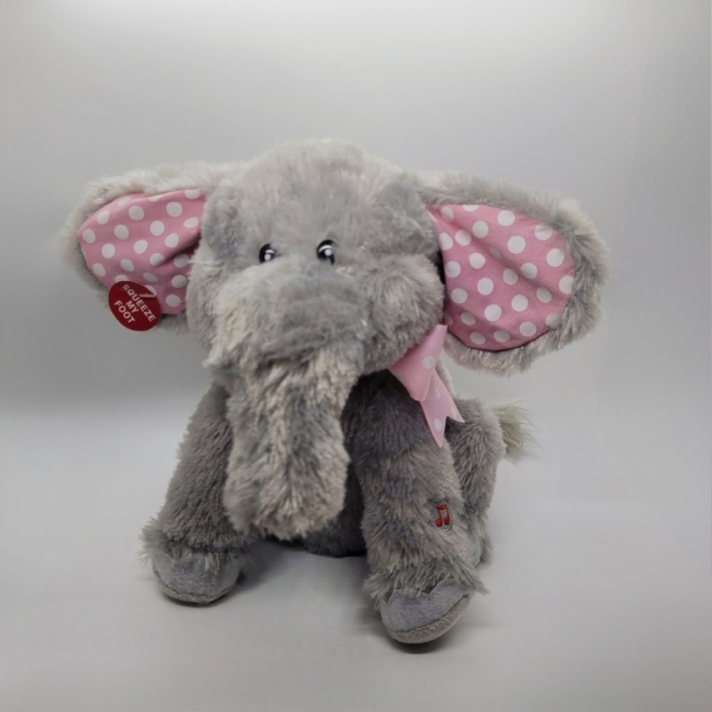Cuddle Barn Grey Elephant Animated Musical Plush Pink Polka Dot 10"